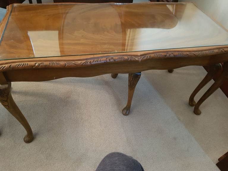 Nest of 3 Walnut Coffee Tables with glass tops