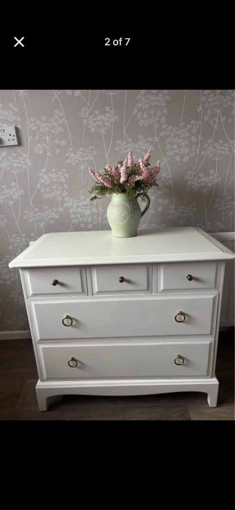 White Wooden Chest of Drawers with Brass Handles – Good Condition