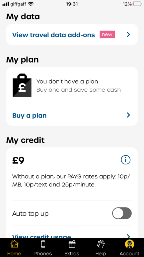 Giffgaff SIM with £9 credit