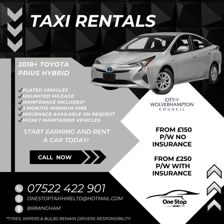 TOYOTA PRIUS TAXI RENTAL WOLVERHAMPTON PLATE PRIVATE HIRE VEHICLE