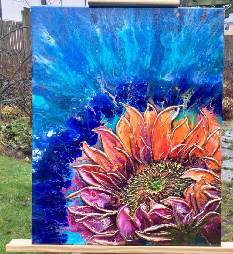 Original one of a kind acrylic painting with textured sunflower,  abstract artwork canvas 