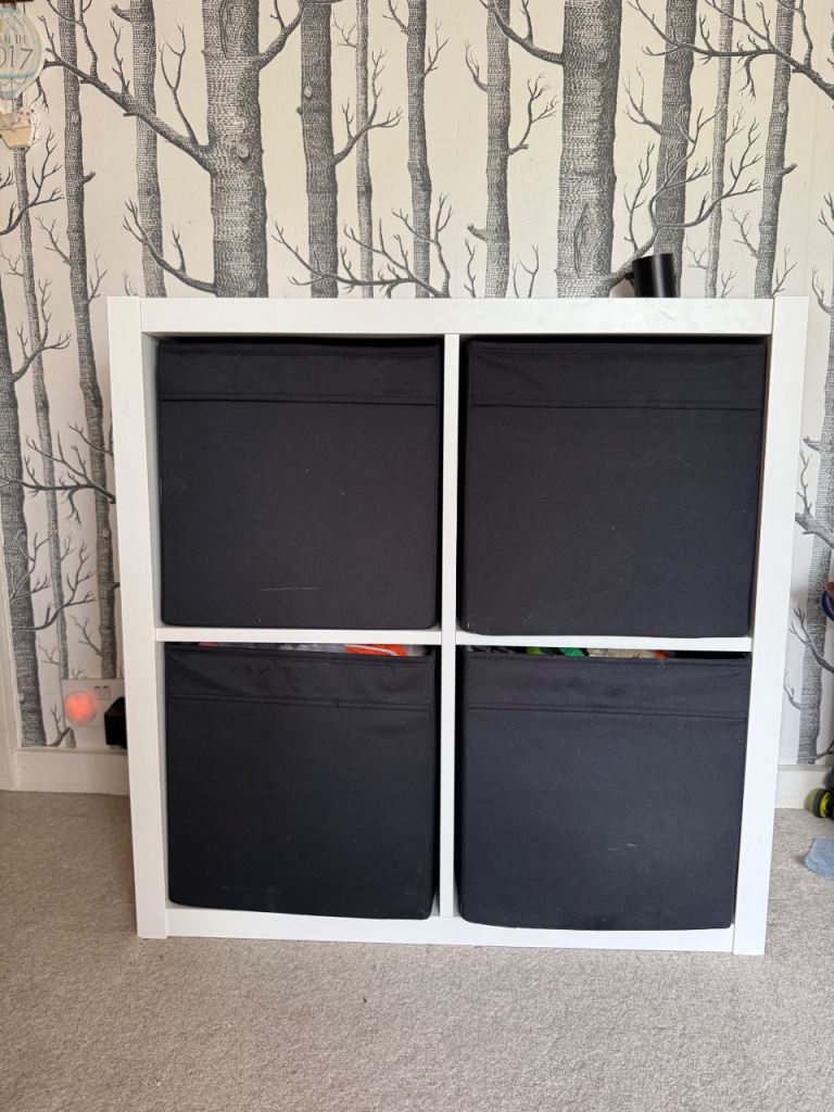 IKEA Storage Unit with 4 Black Fabric Boxes