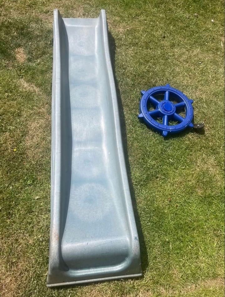 Climbing frame slide and ships wheel