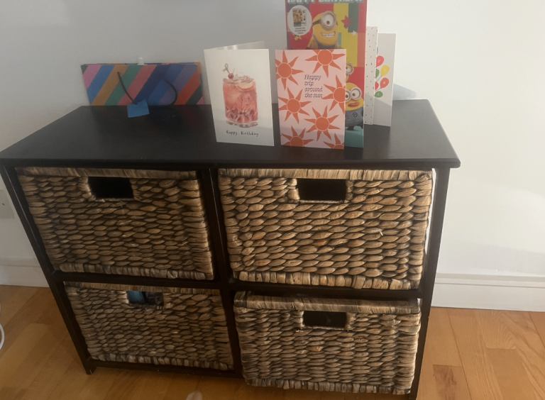 Dark Wood Storage Unit with Woven Baskets – Good Condition