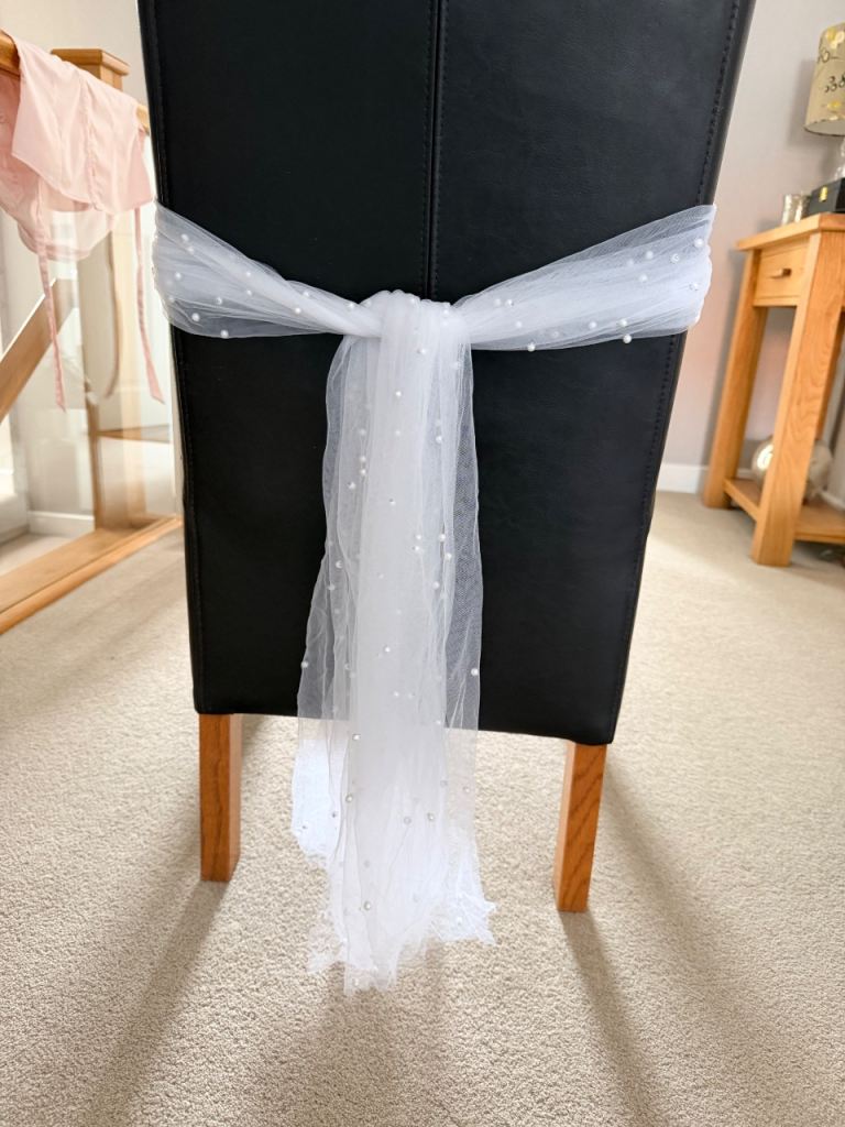 Wedding chair sashes - white pearl tuille