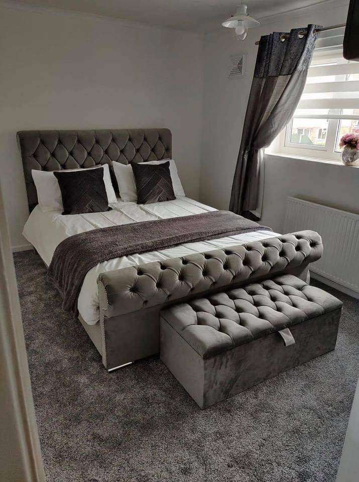 🔥 Luxury Velvet Sleigh Bed - All Sizes & Ottoman & Non Otto , Double Bed With NEW Mattress COD