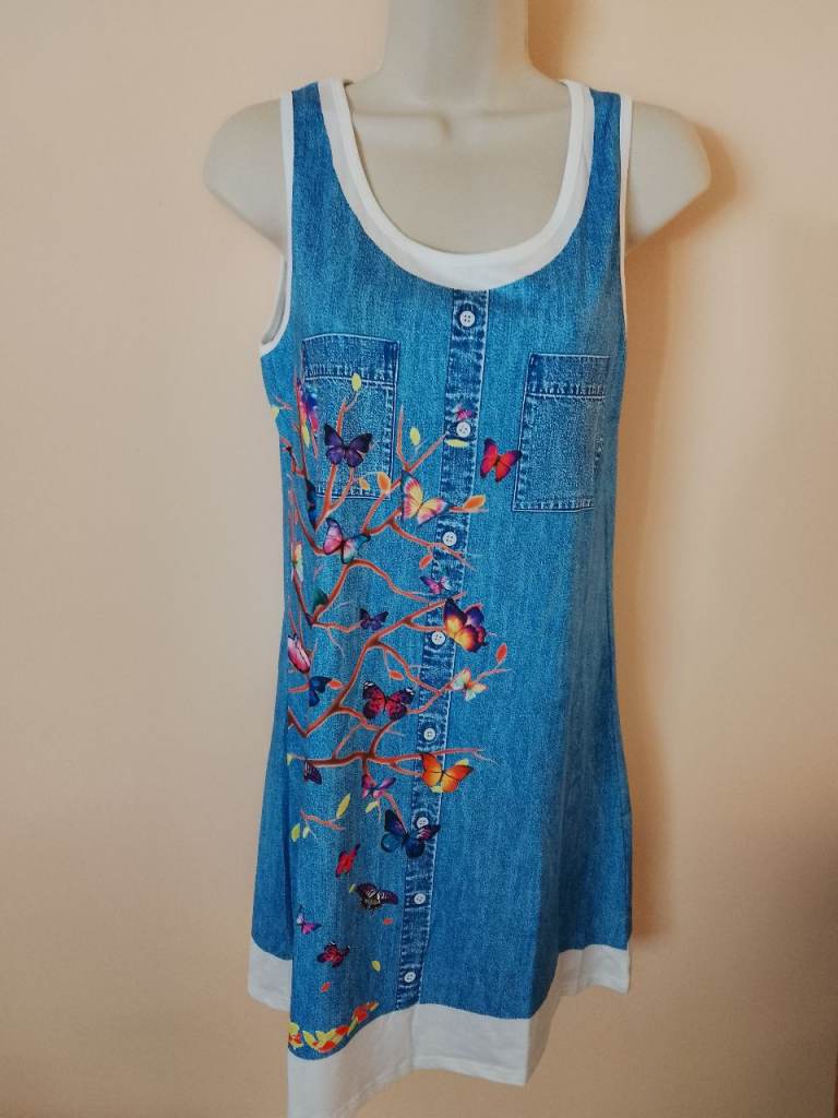 Printed (denim effect) summer butterfly dress. Size M.