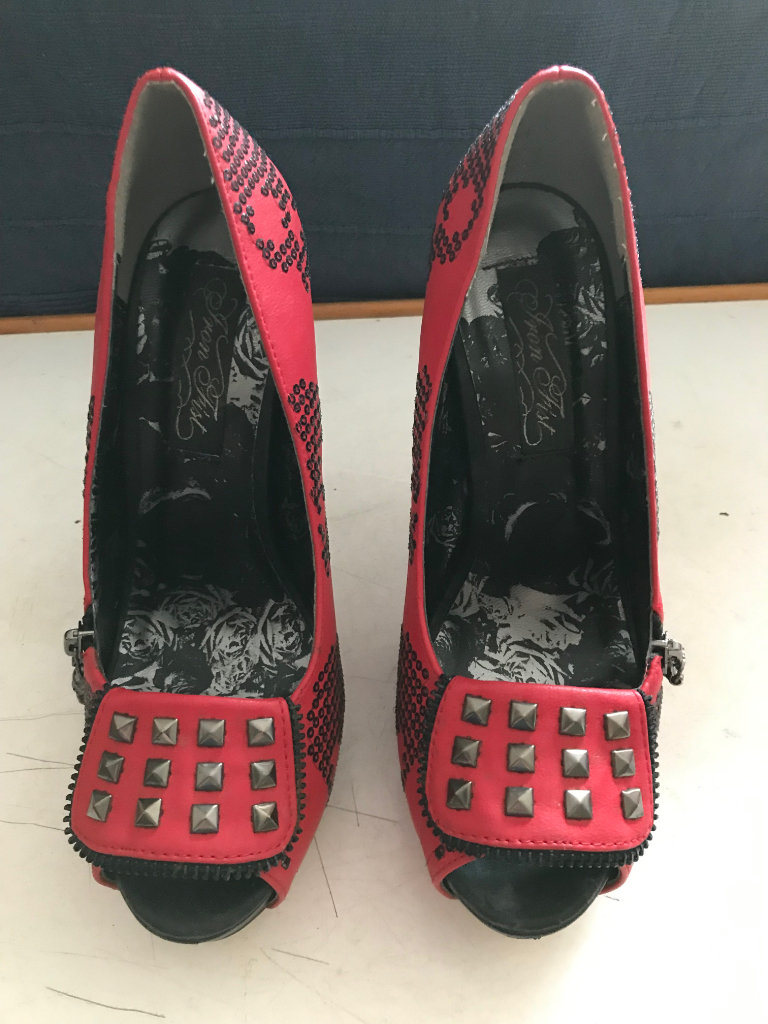 Pre-loved 'Iron Fist' Red/Black Sequins/Studs opened-toed platform Stiletto Shoes- Size 4