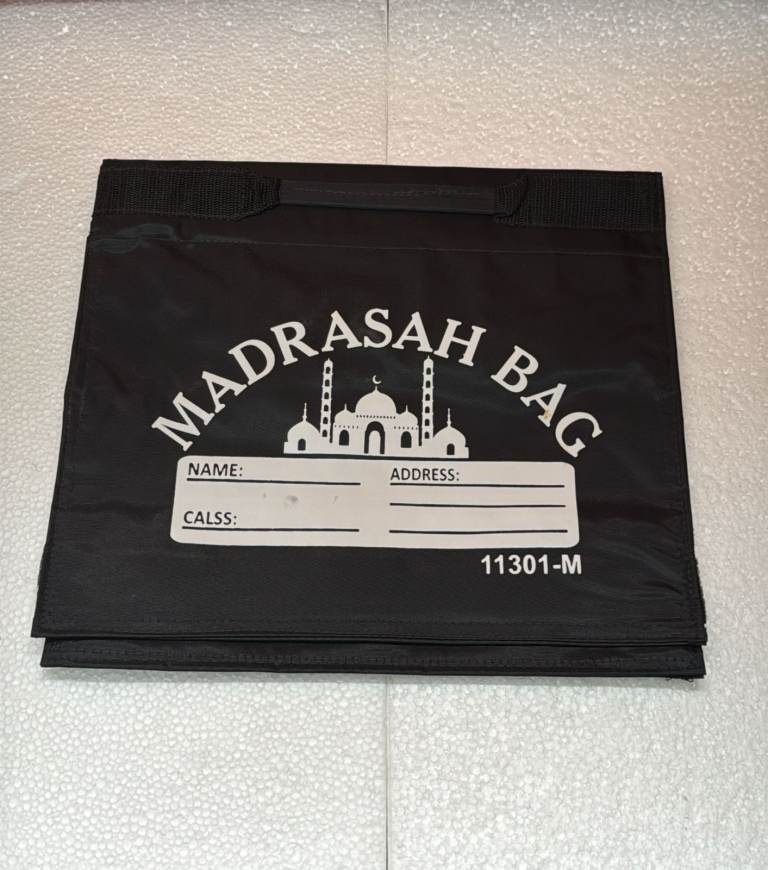 Madrasah Bag – Black Student Carry Bag with Mosque Design & Personal Info Panel