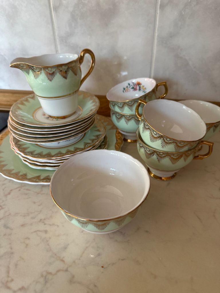 Vintage Pale Green & Gold Tea Set - Good Condition