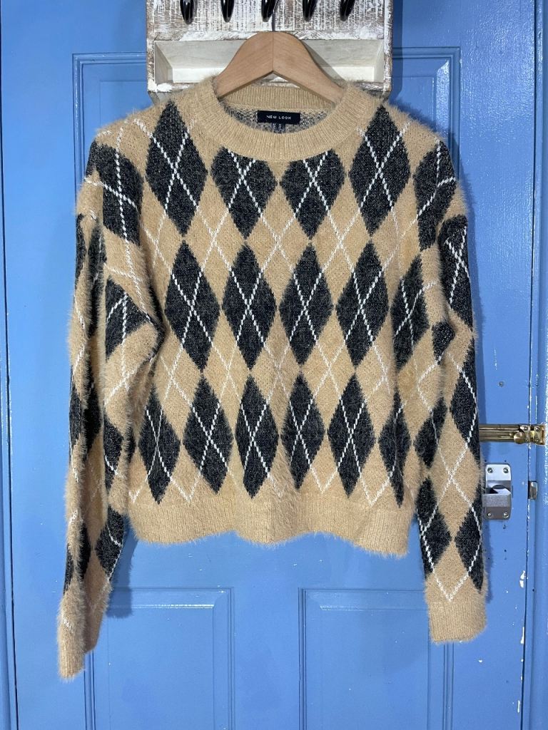 New Look Camel Black Argyle Fluffy Jumper M UK12-14 Preppy Soft Knit