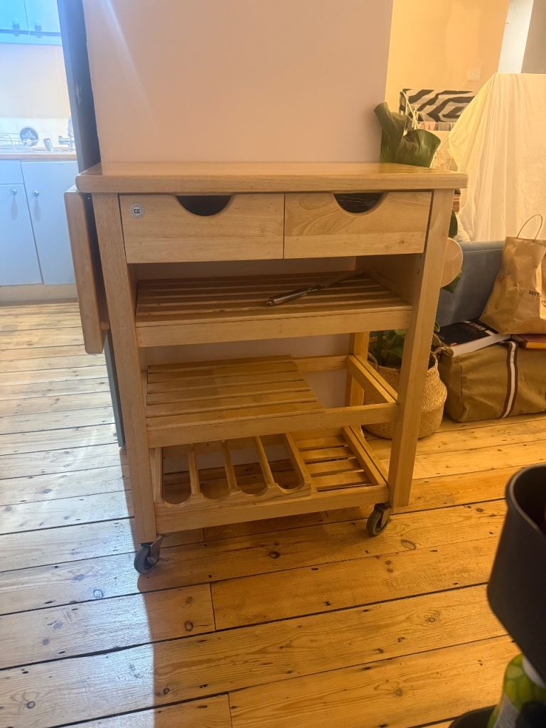 Wooden Kitchen Trolley / butchers block with Drawers and Wine Rack – Good Condition