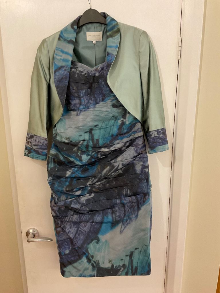 John Charles, size 8, silk mother of the bride dress, jacket and hat