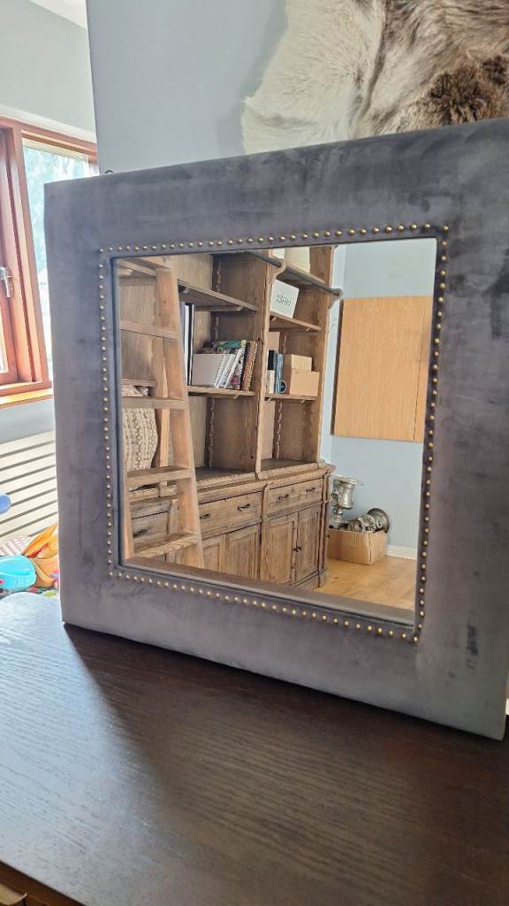 Grey Velvet Studded Quality Mirror Square