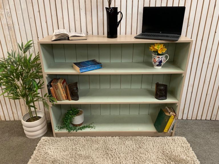 Pine Bookcase - Sage Green - Solid Wood - 3 Tier Low Bookshelf