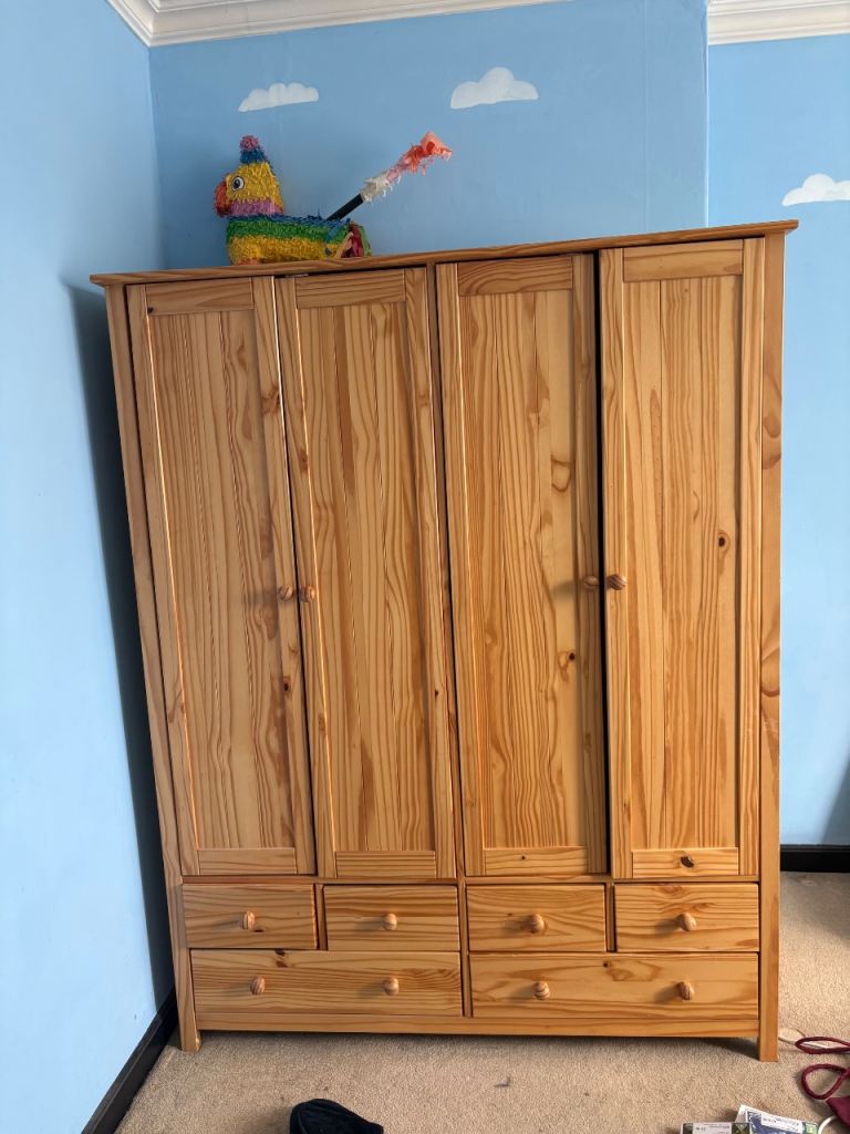 Solid Pine Four-Door Wardrobe with Drawers