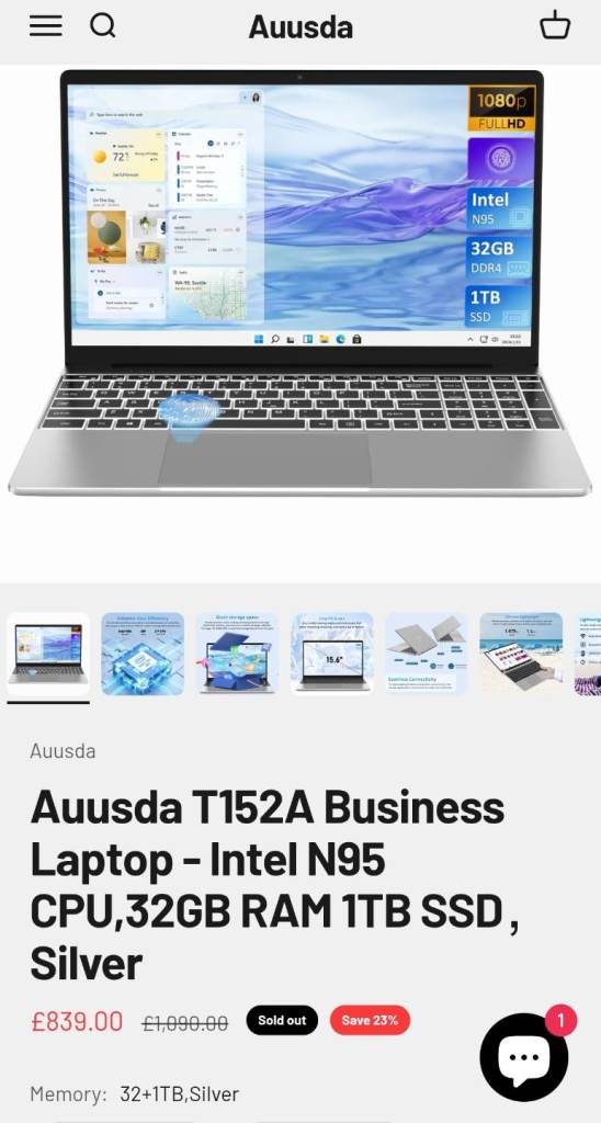 Auusda T152A Business Laptop - Intel N95 CPU,32GB RAM 1TB SSD，Silver