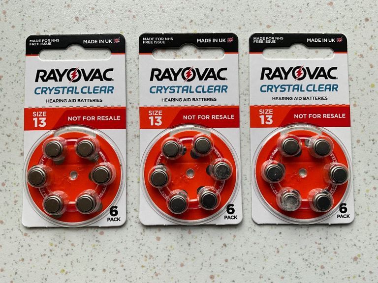 Rayovac Crystal Clear Hearing Aid Batteries, Size 13, 3 Packs (18 batteries), Expire July 2026