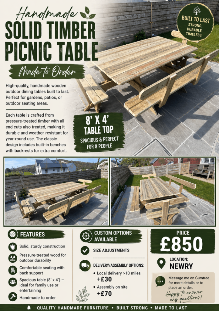 Handmade Solid Timber Picnic Table – Made to Order