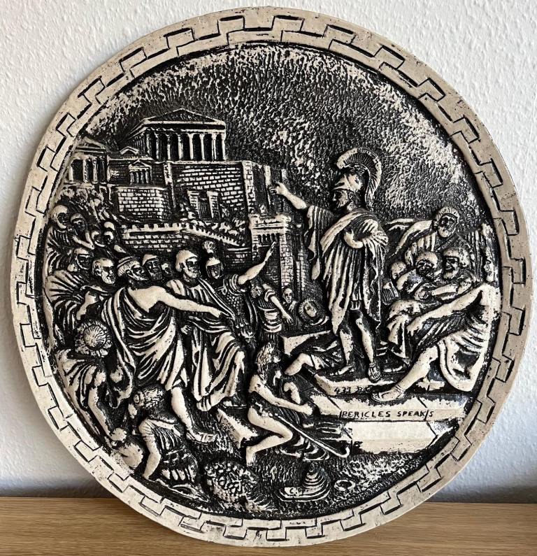 Cement cast Greek Statesman Pericles 3 dimensional art piece, can be hung 40cm diameter,2.5cm thick