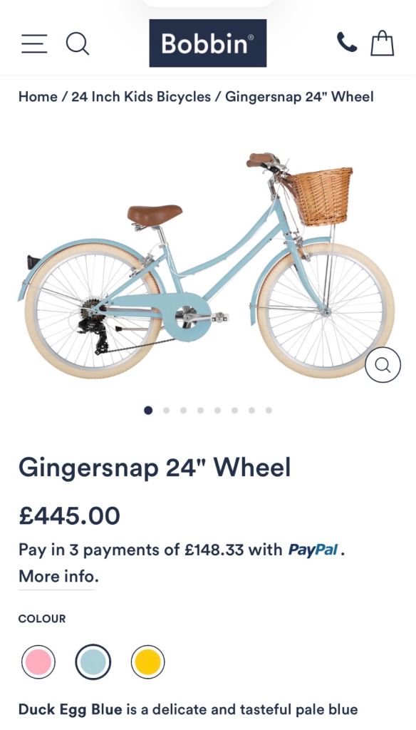 Bobbin Gingersnap 24" Wheel Kids Bike - Duck Egg Blue, NEW
