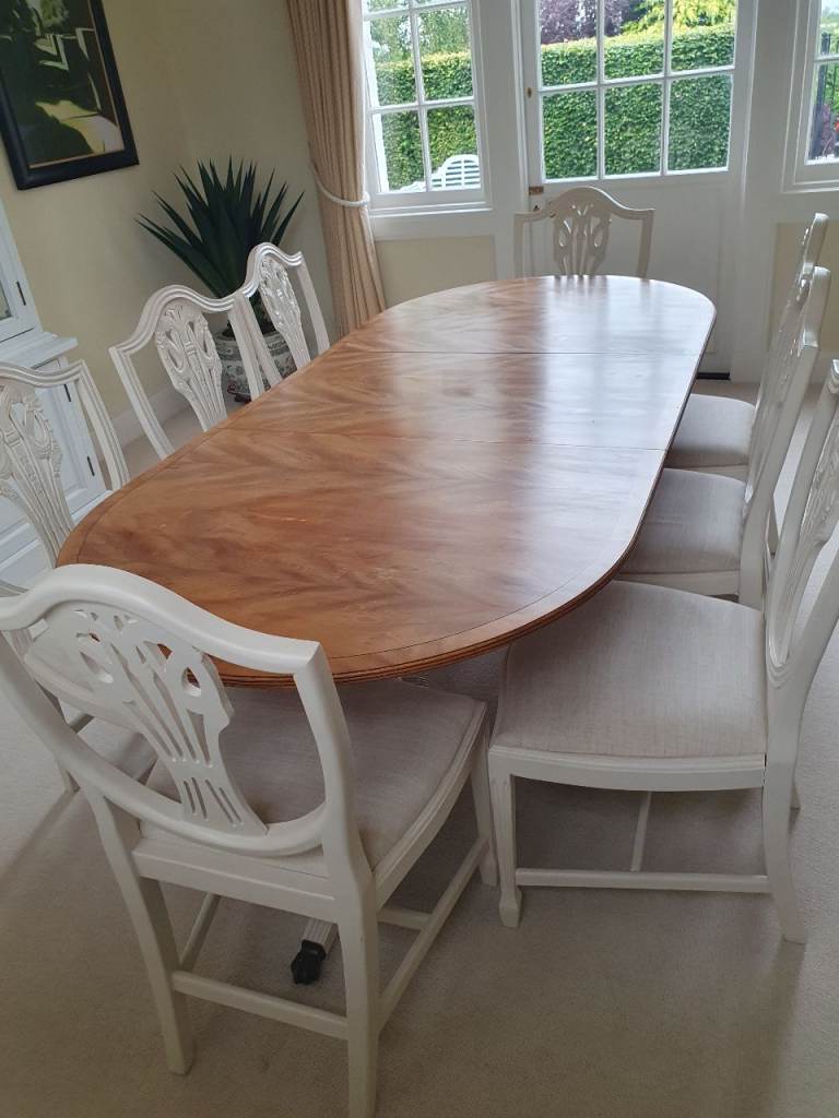 Cream Pedestal Dining Table with Wooden Top – Good Condition