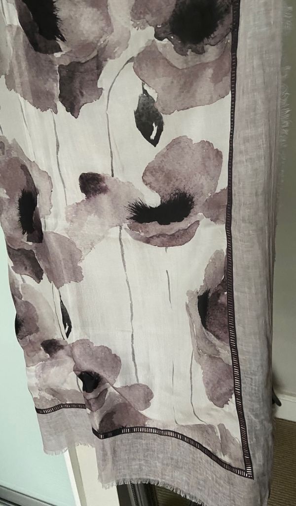 New Fraas Silk-Cotton Scarf, floral design in soft greys, taupe, white