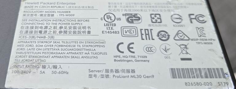 HP ProLiant ML30 Gen9 TWR – Xeon E3-1220 v5 | 64GB RAM | 3x TB DataCenter SSD's