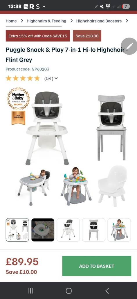 Puggle Snack & Play 7-in-1 Hi-lo Highchair - Flint Grey