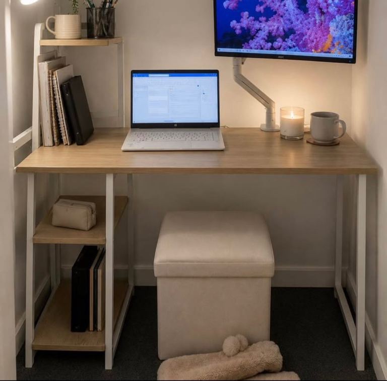 Harlow Metal Shelved Desk – White Frame Industrial Style Desk