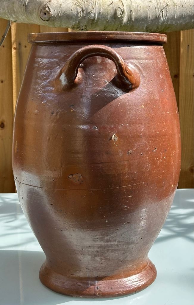 LARGE ANTIQUE FRENCH STONEWARE PLANTER URN, CONFIT JAR POT, SALTING JAR - H47cm 7.8kg - WILL POST!