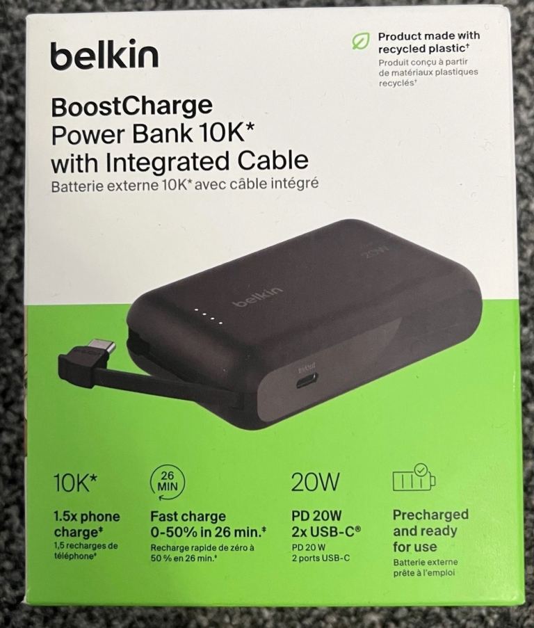 Power Bank Belkin Boost Charge With Integrated Cable 10K 20W 2ports USB-C. New
