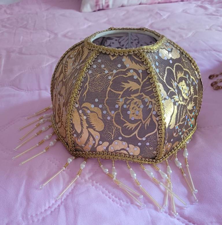 Gold & Brown Patterned Lamp Shade with Beaded Fringe