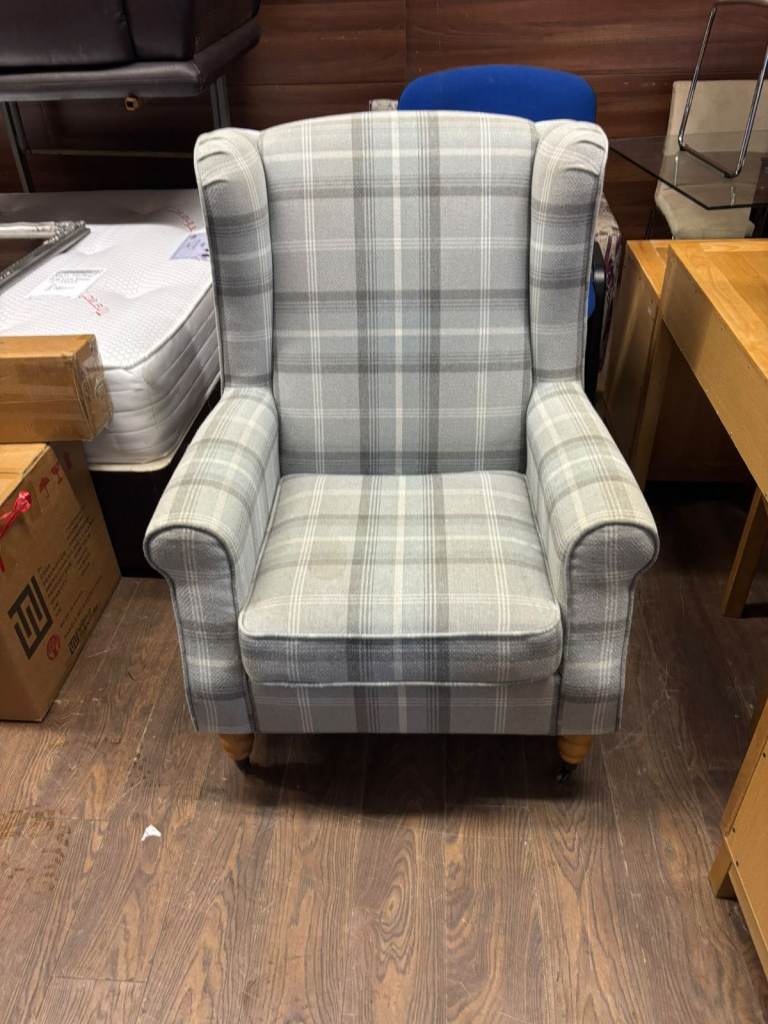 Grey Plaid Armchair – Good Condition