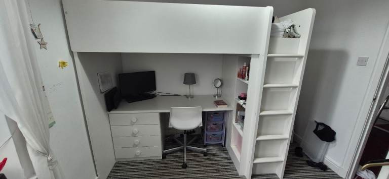 White High Sleeper Bed with Desk – Good Condition