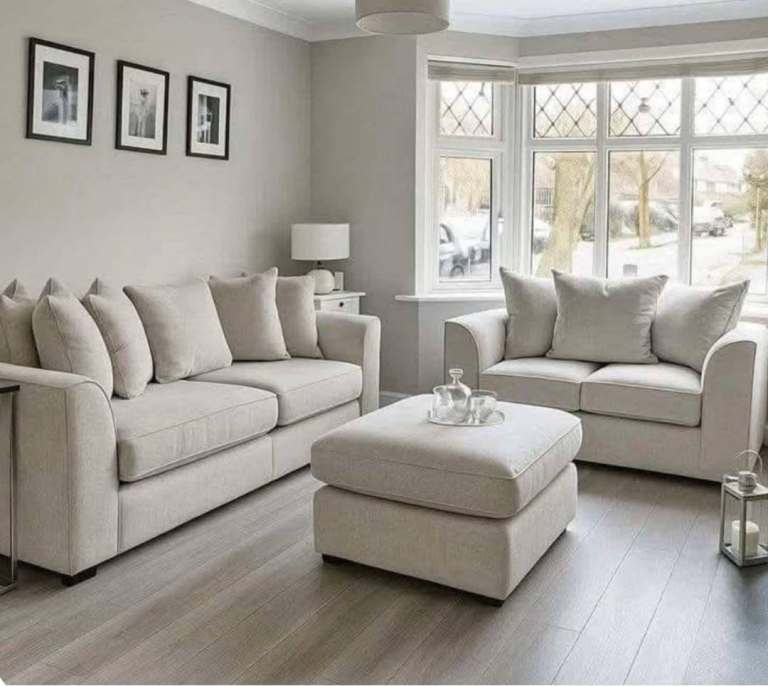 BRAND NEW White Fabric Sofa Set – 3 Seater, 2 Seater & Footstool