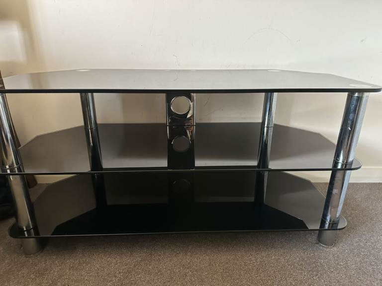 Black Glass TV Stand  x 2 with Chrome Legs – Good Condition