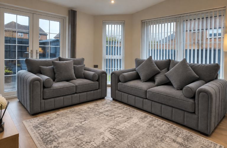 Lilly 3+2 Sofa Set | Cream & Grey Fabric Sofa | 3 Seater + 2 Seater