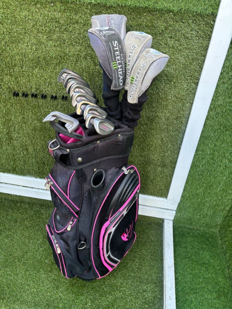  Ladies Full Golf Set: Wilson Ultra 3–SW, Callaway Steelhead III Woods 3,5,7 Yonex Driver, PowaKaddy