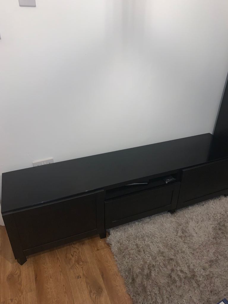 TV Stand Unit Cabinet Glass Top, Drawer, Cupboard Storage. Black.