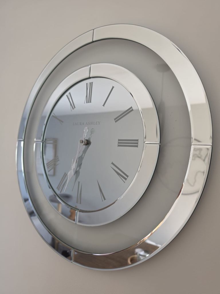 Laura Ashley Lexham Mirrored Glass Wall Clock Silver Round Roman Numerals