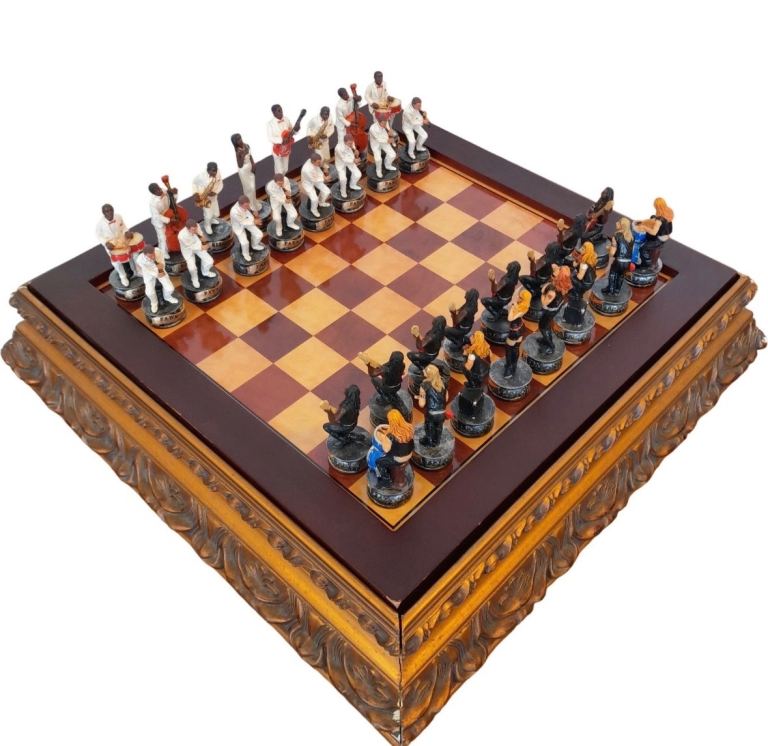 Italfama Hand-Painted Jazz vs Rock Chess Set with Carved Base