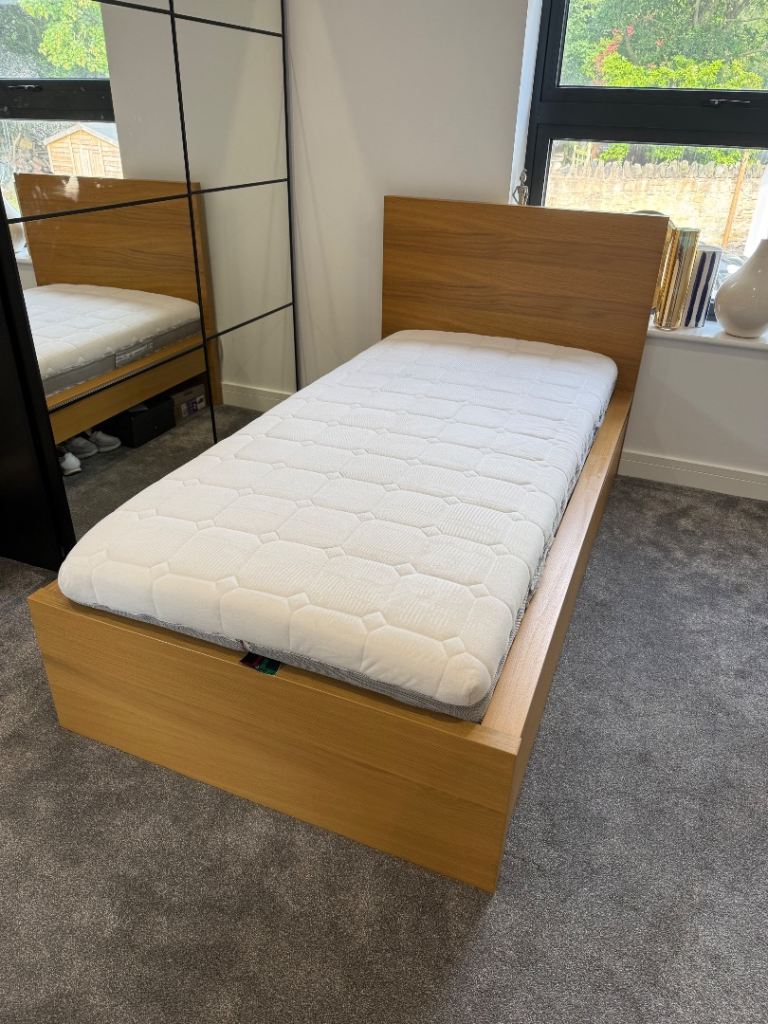 Ikea Malm Oak Single Bed Frame with PerDormire Memory Foam Mattress