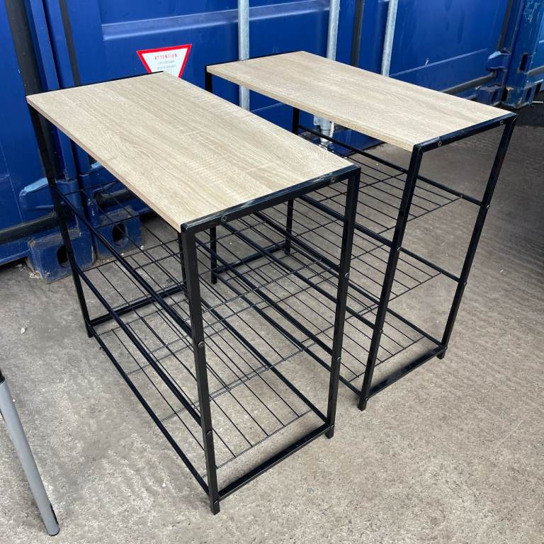 2 x Contemporary 4 Tier Storage Shoes Rack Black Metal Frame Oak Finish 