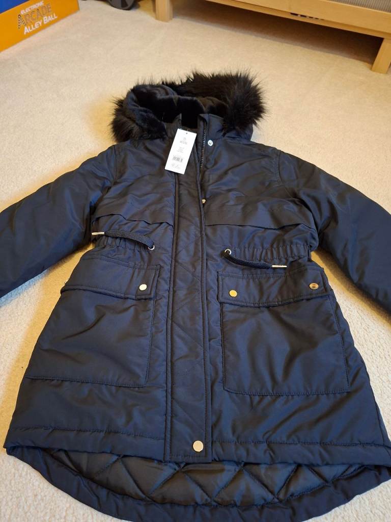 New girls Blue Padded Winter Coat with Faux Fur Hood, Age 10-11