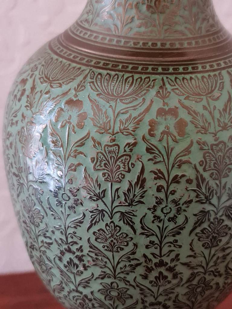 Vintage Niello Green Enamel & Brass Pot Vase