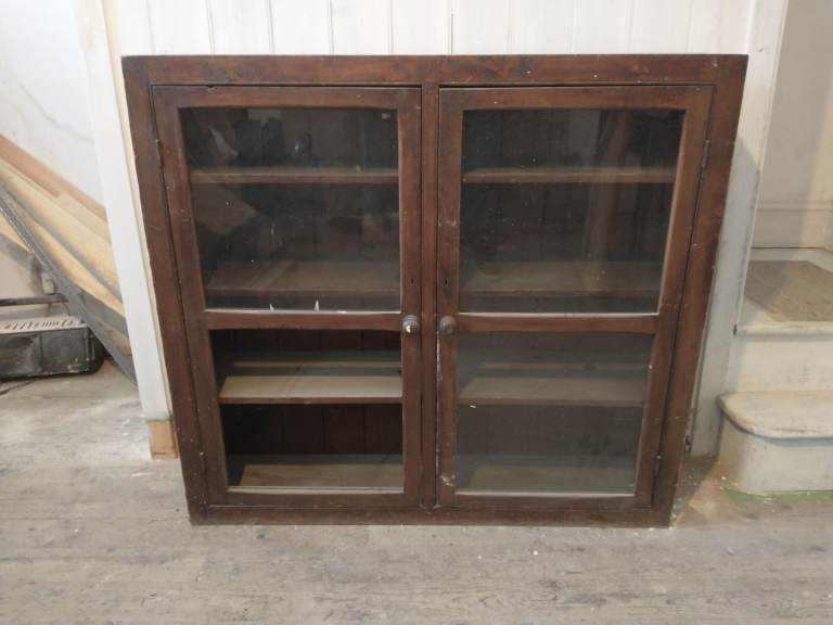 Wooden Book Case / Cabinet with Glass Doors - solid heavy & old