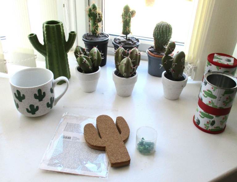 Selection of Small faux Cactus Plants and Cactus-Themed Decor-vase,cup,pinboard,