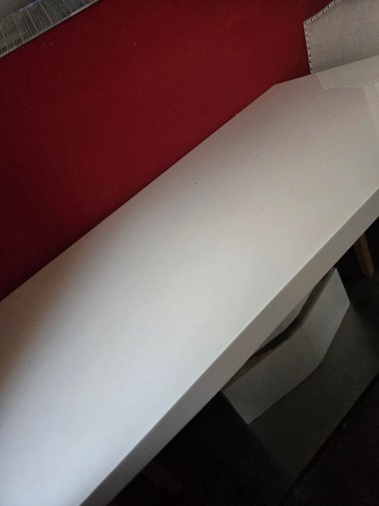 White dining table with chrome bottom and 4 chairs collection only please 
