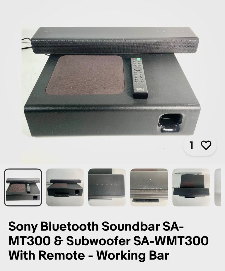 A Sony Bluetooth Soundbar (SA-MT300) and its matching Subwoofer (SA-WMT300)